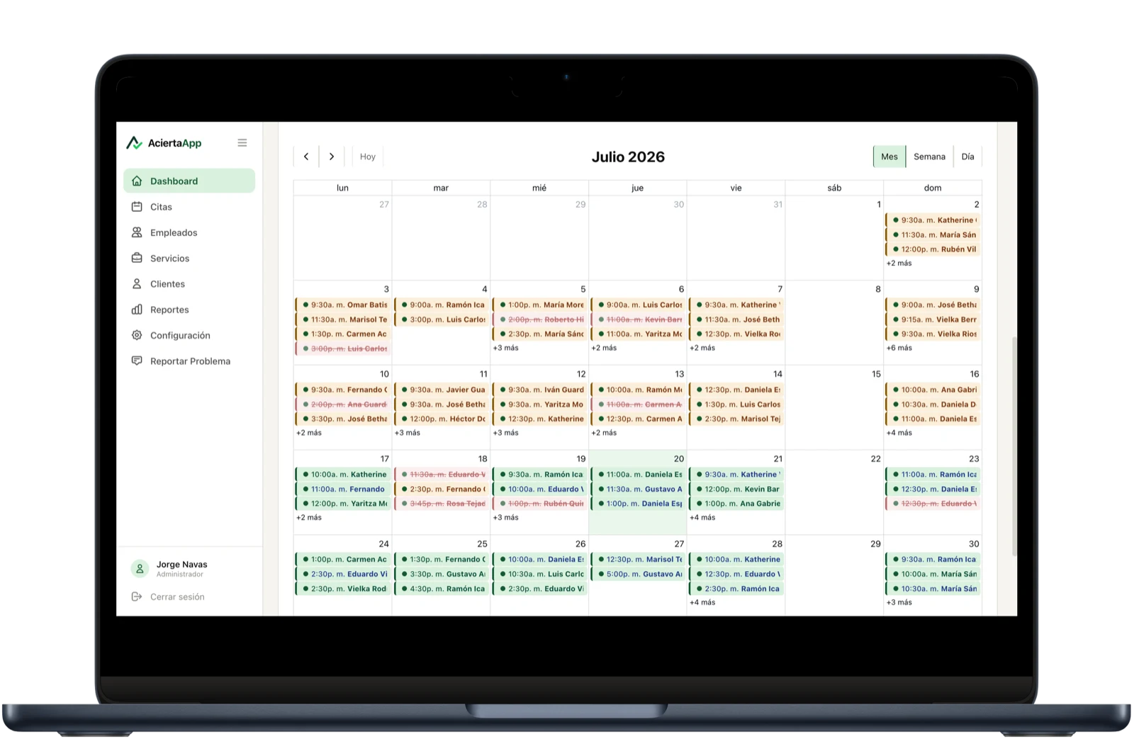 El calendario de citas en una laptop, con el mes completo y las citas de cada día.